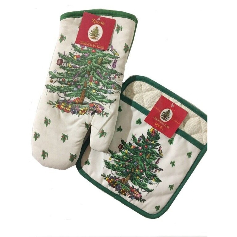 Spode Christmas Tree Oven Mitt Potholder Terry Lined Cotton Kitchen Set of 2